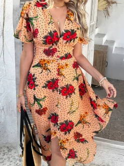 Outlet Retro Stage 1940s Deep V-Neck Chiffon Polka Dots Floral Dress
