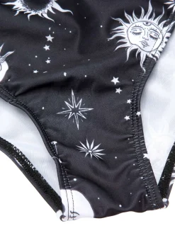 Sale Retro Stage 1980s Deep V-Neck Gothic Star Moon One-Piece Swimsuit Black