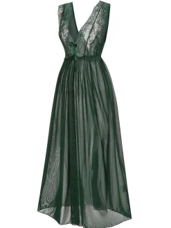 Best Retro Stage 1930s Deep V-Neck Lace Mesh Nightgown