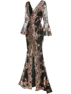 Hot Retro Stage 1930s Deep V-Neck Mesh Sequined Maxi Dress