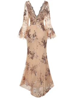 Hot Retro Stage 1930s Deep V-Neck Mesh Sequined Maxi Dress