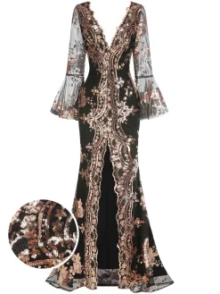 Hot Retro Stage 1930s Deep V-Neck Mesh Sequined Maxi Dress