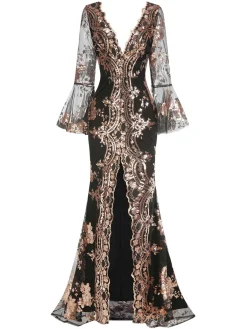 Hot Retro Stage 1930s Deep V-Neck Mesh Sequined Maxi Dress