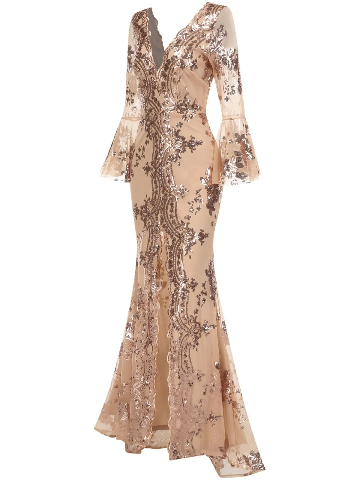 Clearance Retro Stage 1930s Deep V-Neck Mesh Sequined Maxi Dress