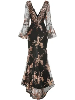 Clearance Retro Stage 1930s Deep V-Neck Mesh Sequined Maxi Dress