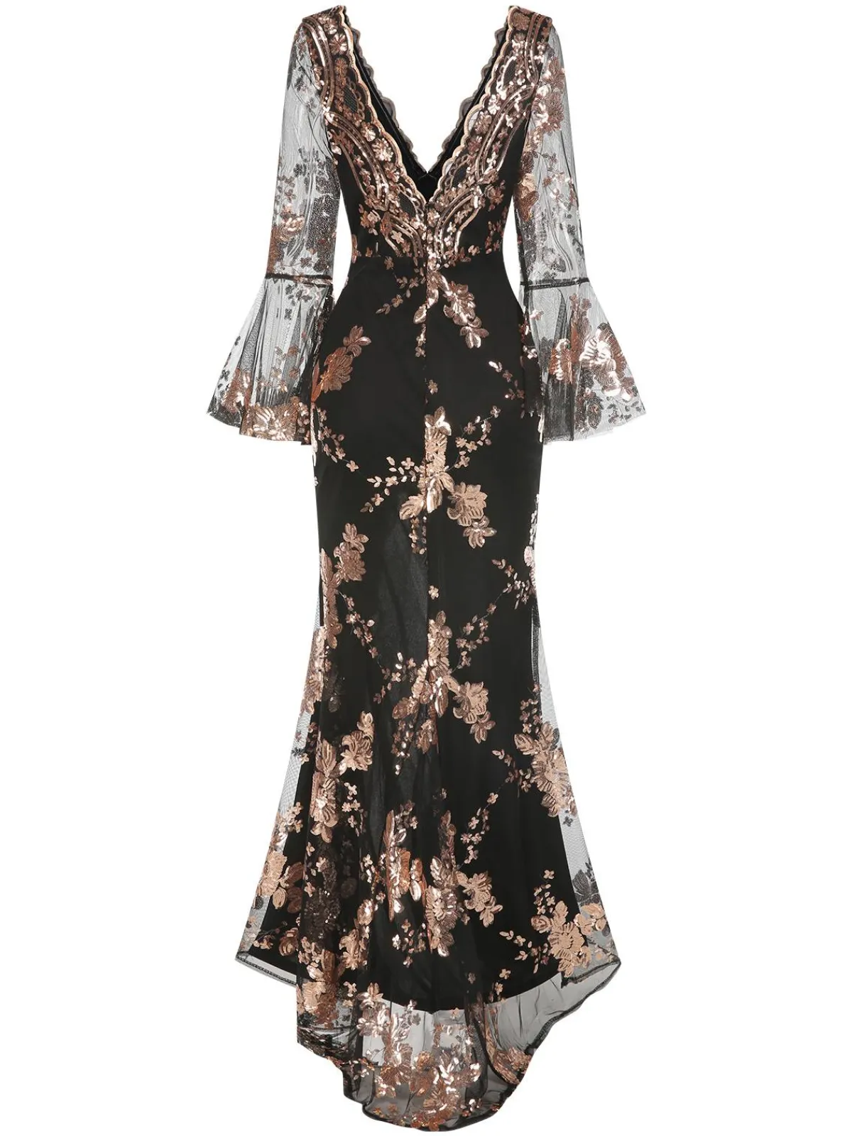 Clearance Retro Stage 1930s Deep V-Neck Mesh Sequined Maxi Dress