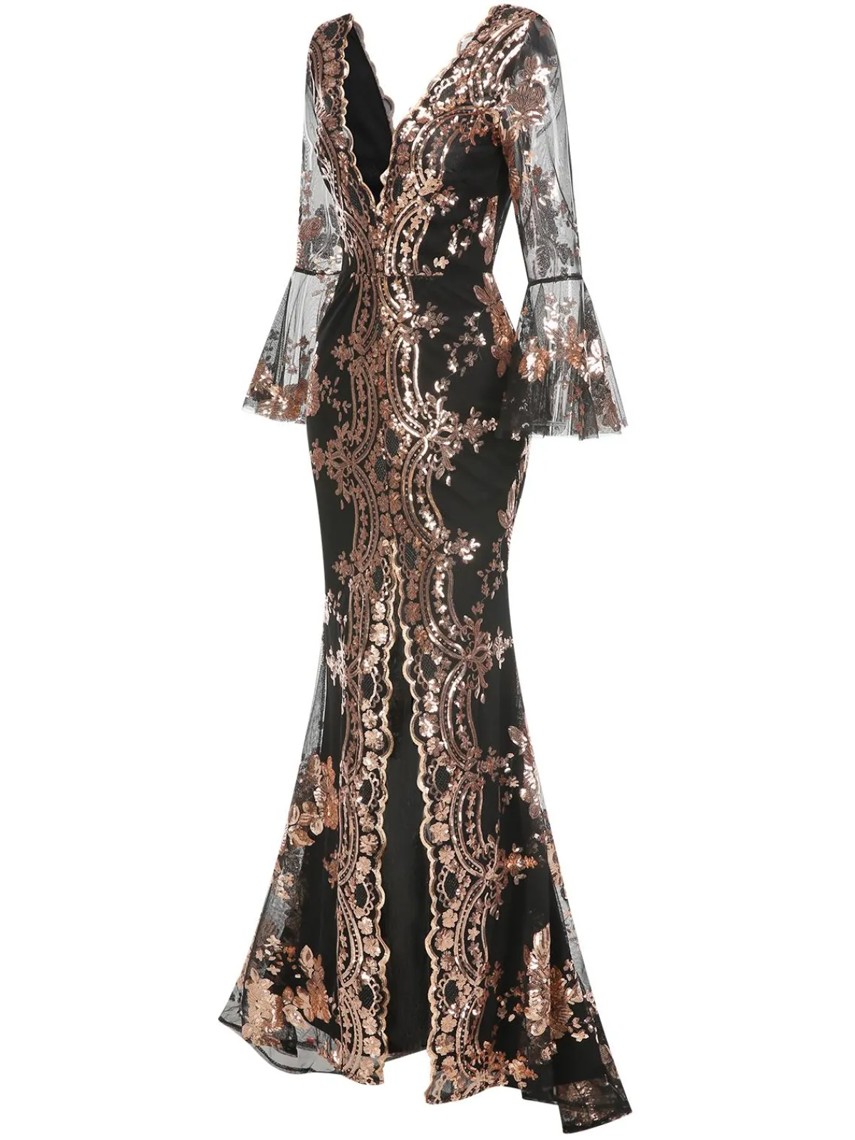 Clearance Retro Stage 1930s Deep V-Neck Mesh Sequined Maxi Dress