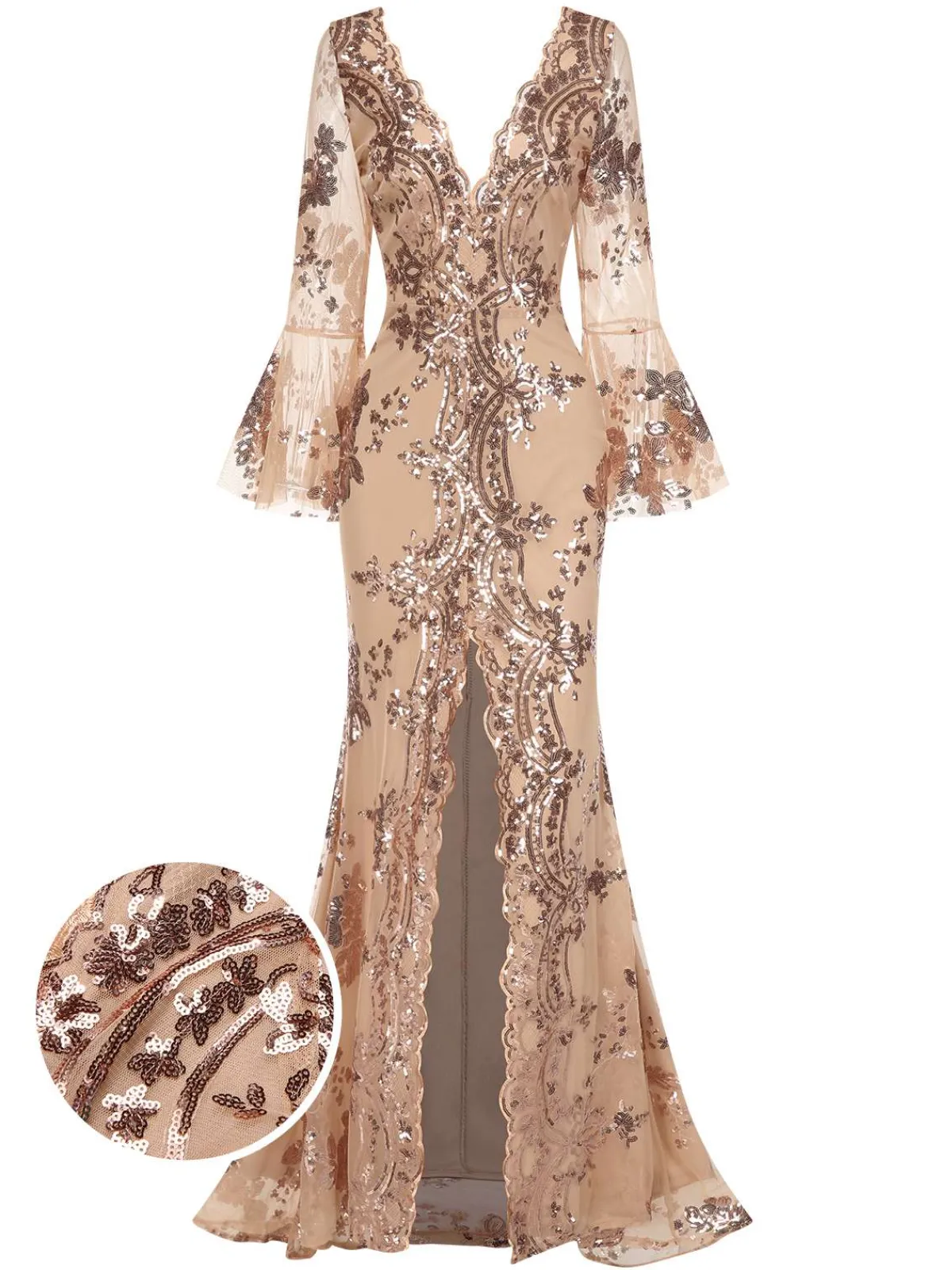Clearance Retro Stage 1930s Deep V-Neck Mesh Sequined Maxi Dress