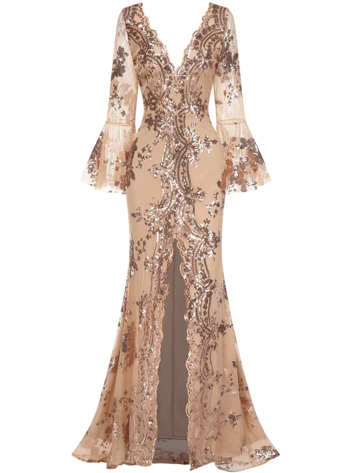 Clearance Retro Stage 1930s Deep V-Neck Mesh Sequined Maxi Dress