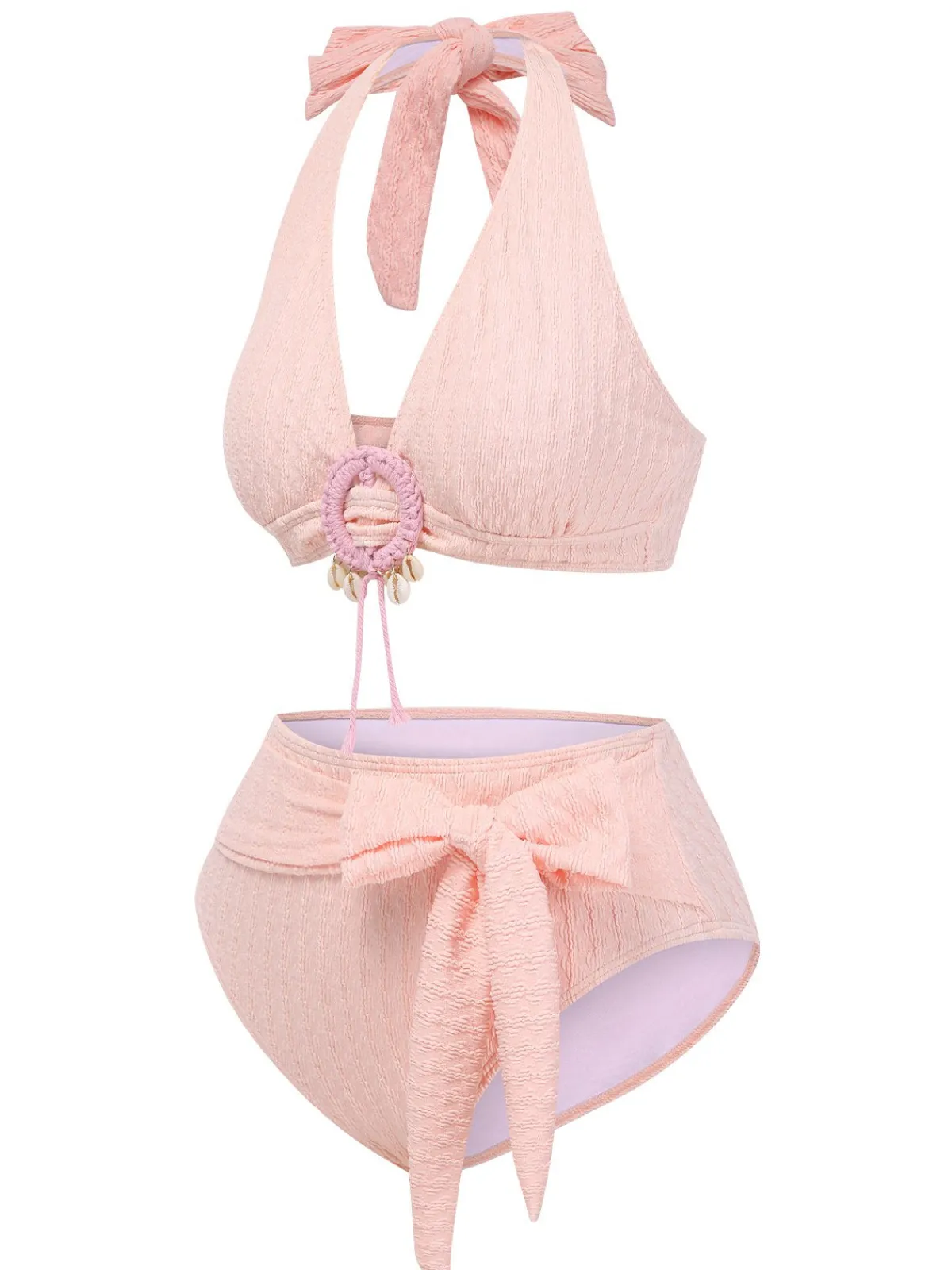 Best Retro Stage 1950s Deep V-Neck Textured Seashell Halter Swimsuit