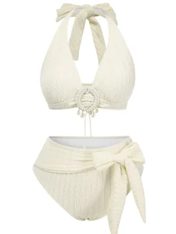Best Retro Stage 1950s Deep V-Neck Textured Seashell Halter Swimsuit