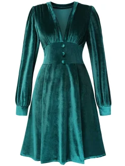 Hot Retro Stage 1950s Deep V-Neck Velvet Button Solid Dress