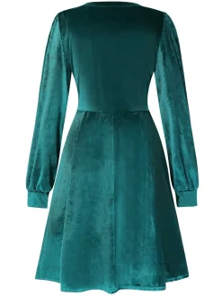 Hot Retro Stage 1950s Deep V-Neck Velvet Button Solid Dress