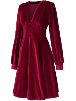 Hot Retro Stage 1950s Deep V-Neck Velvet Button Solid Dress