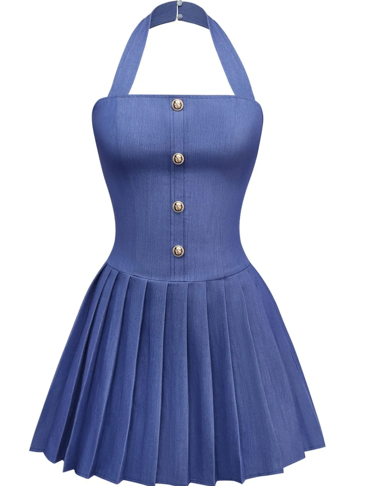 Sale Retro Stage 1960s Denim Halter Pleated Button Mini Dress Blue