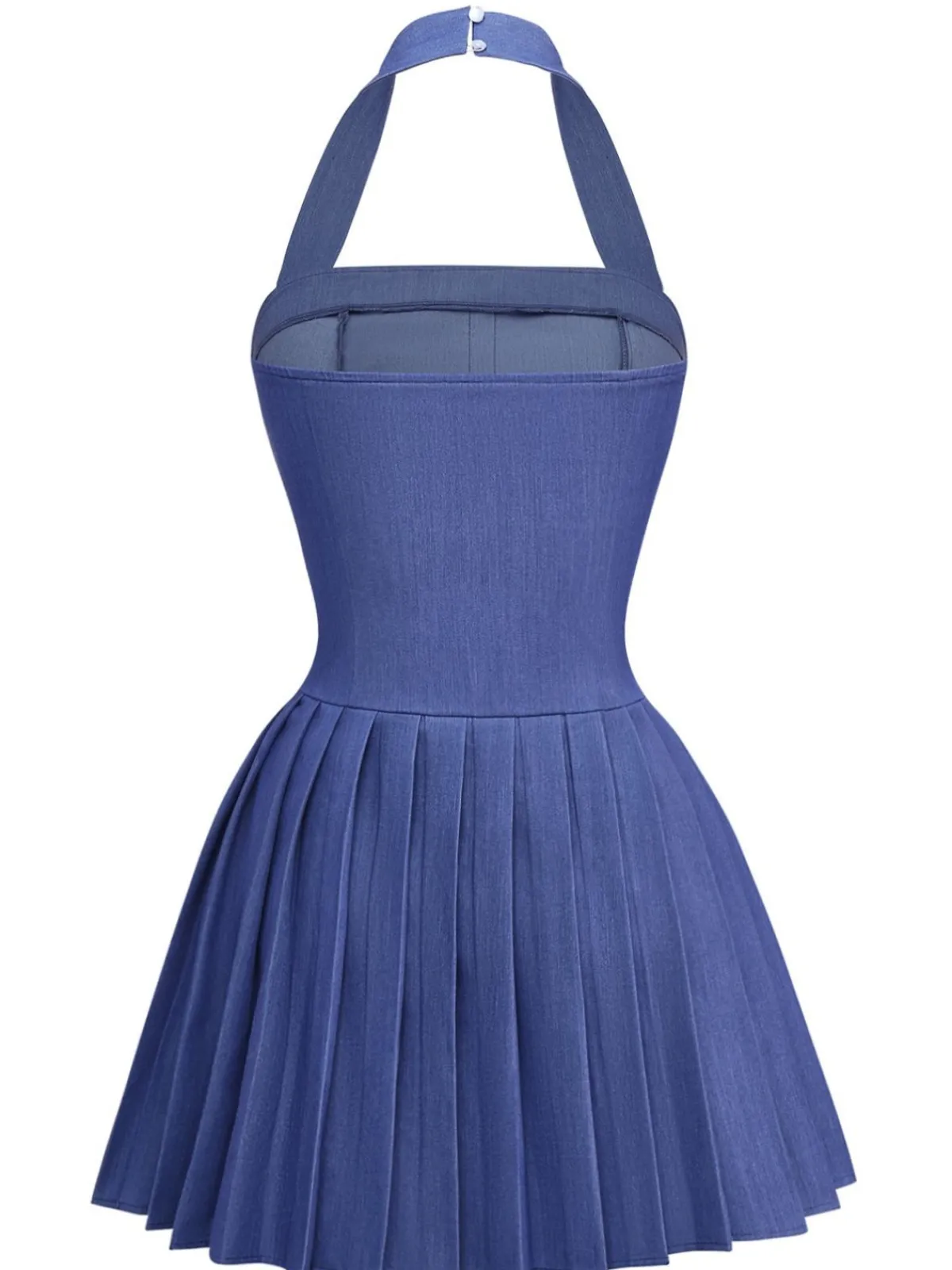 Sale Retro Stage 1960s Denim Halter Pleated Button Mini Dress Blue