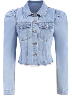 Online Retro Stage 1950s Denim Leg-Of-Mutton Button Coat Blue