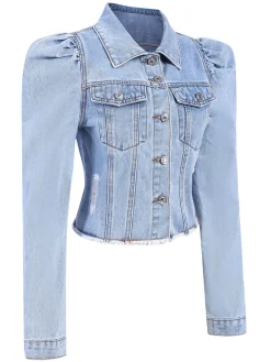 Online Retro Stage 1950s Denim Leg-Of-Mutton Button Coat Blue