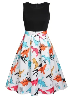 Online Retro Stage 1950s Dinosaur Flare Dress Black