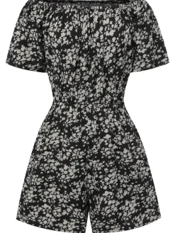 Online Retro Stage 1970s Ditsy Floral Off-Shoulder Romper Black
