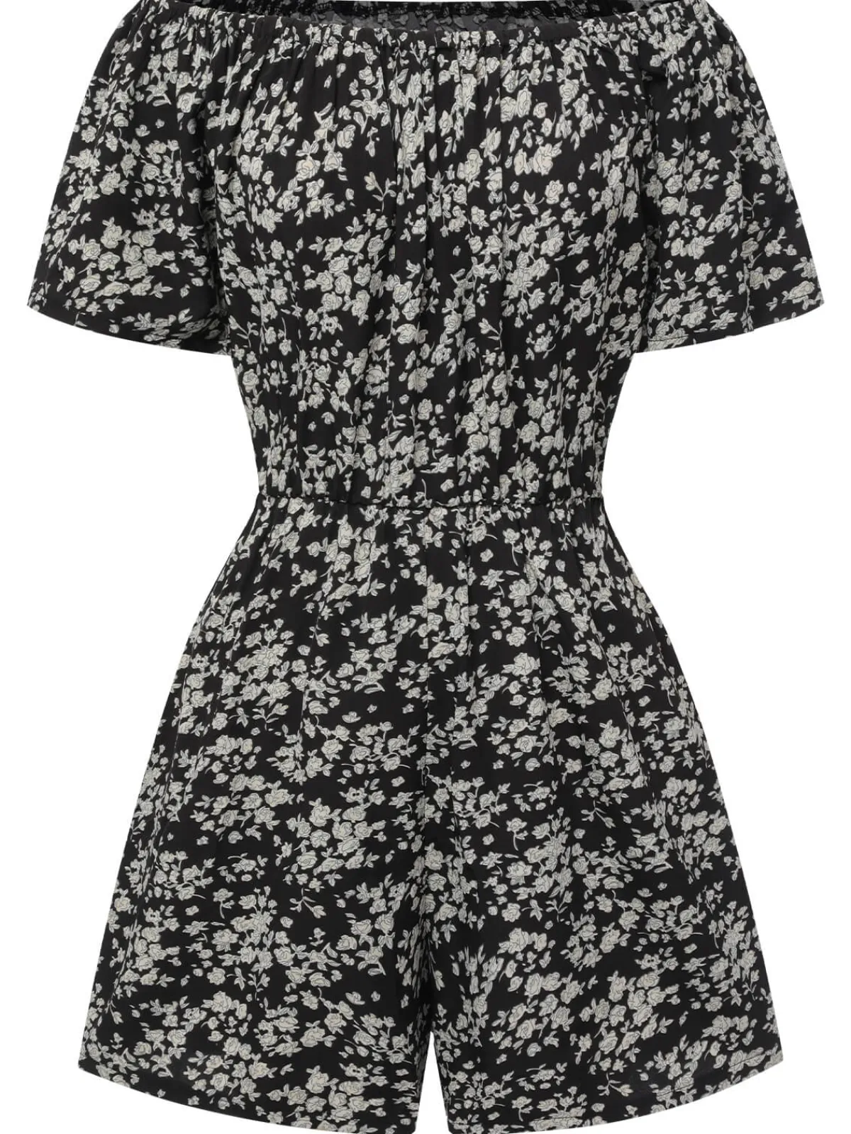 Online Retro Stage 1970s Ditsy Floral Off-Shoulder Romper Black