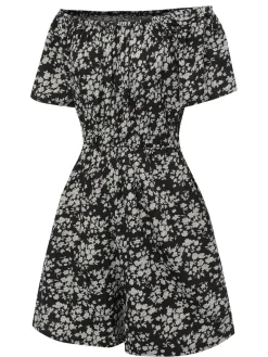 Online Retro Stage 1970s Ditsy Floral Off-Shoulder Romper Black