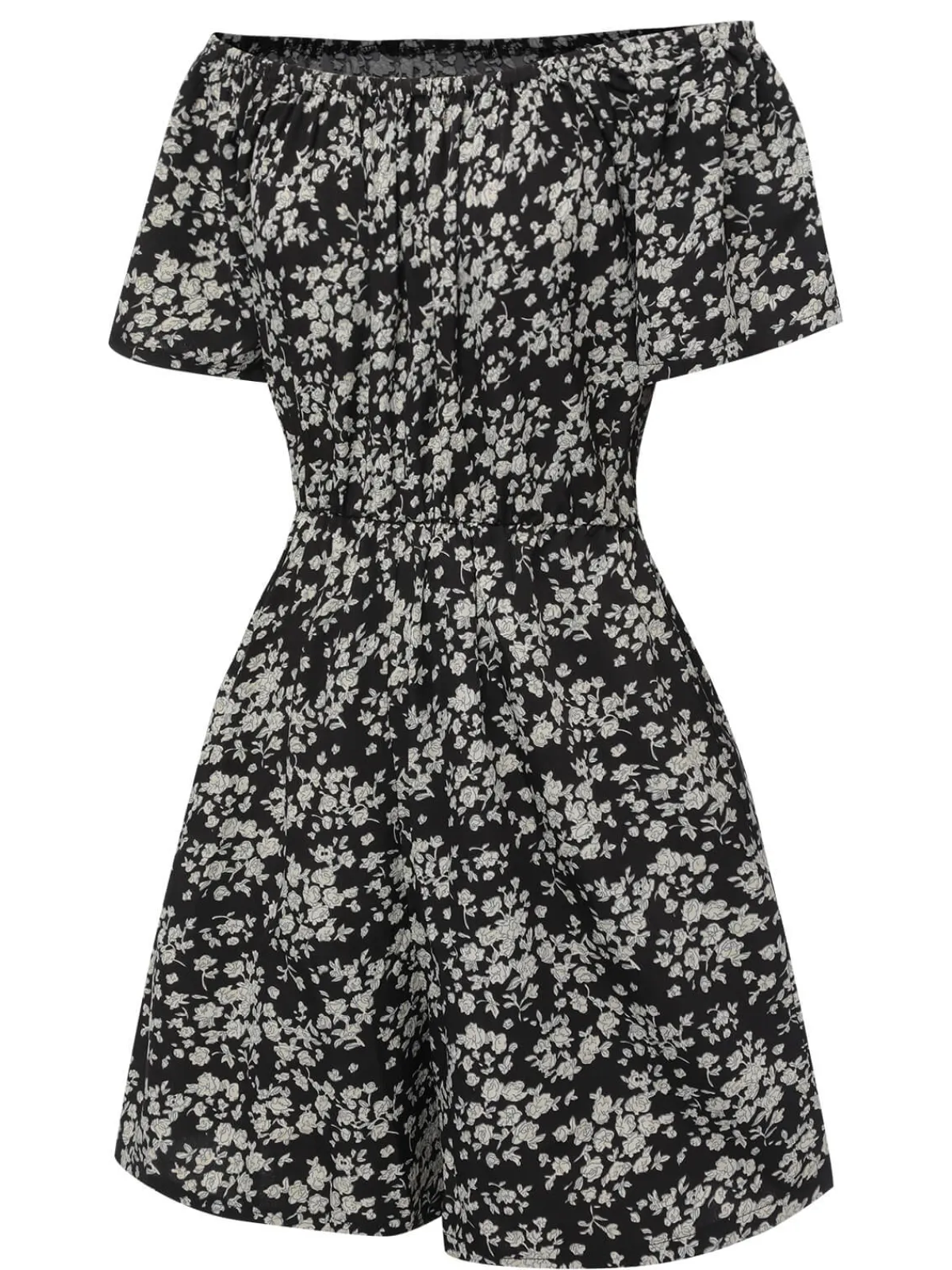 Online Retro Stage 1970s Ditsy Floral Off-Shoulder Romper Black