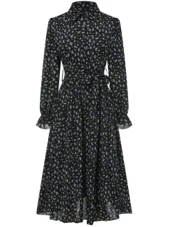 Hot Retro Stage 1940s Ditsy Floral Pleated Shirt Belted Dress