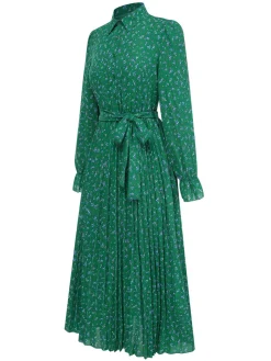 Hot Retro Stage 1940s Ditsy Floral Pleated Shirt Belted Dress