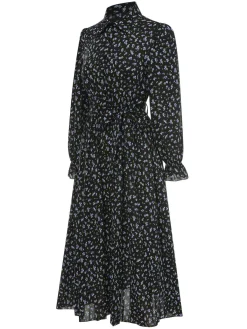 Hot Retro Stage 1940s Ditsy Floral Pleated Shirt Belted Dress