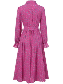 Hot Retro Stage 1940s Ditsy Floral Pleated Shirt Belted Dress