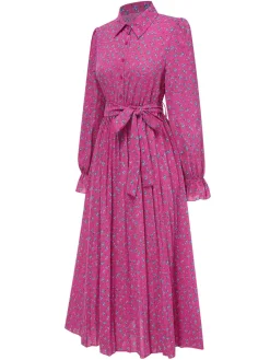 Hot Retro Stage 1940s Ditsy Floral Pleated Shirt Belted Dress