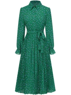 Hot Retro Stage 1940s Ditsy Floral Pleated Shirt Belted Dress