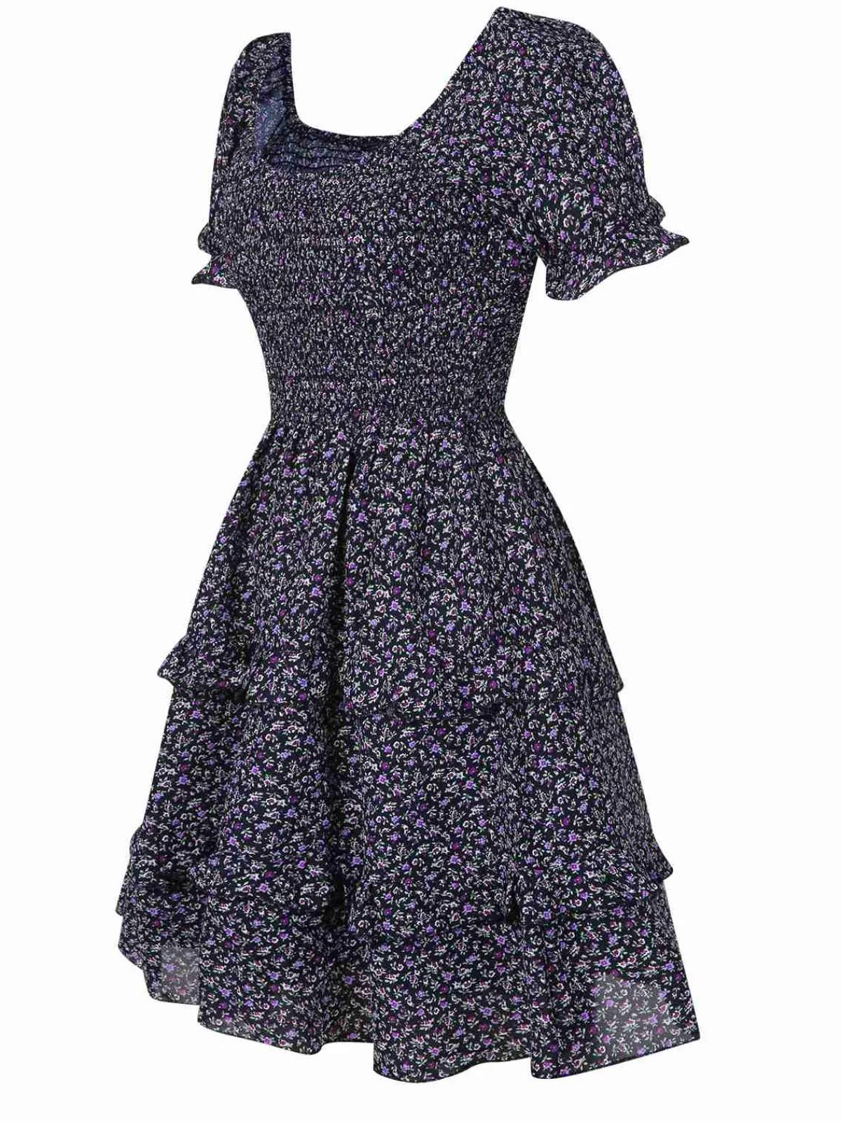 Discount Retro Stage 1940s Ditsy Floral Puff Wrinkle Dress