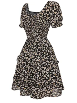 Discount Retro Stage 1940s Ditsy Floral Puff Wrinkle Dress