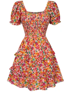 Discount Retro Stage 1940s Ditsy Floral Puff Wrinkle Dress