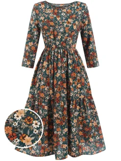 Fashion Retro Stage 1940s Ditsy Floral Round Neck Tiered Dress Multicolor
