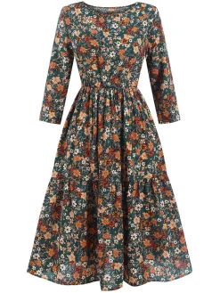 Fashion Retro Stage 1940s Ditsy Floral Round Neck Tiered Dress Multicolor