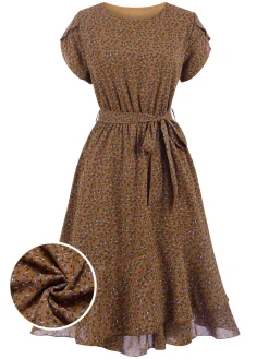 Sale Retro Stage 1940s Ditsy Floral Ruffles Hem Belted Dress