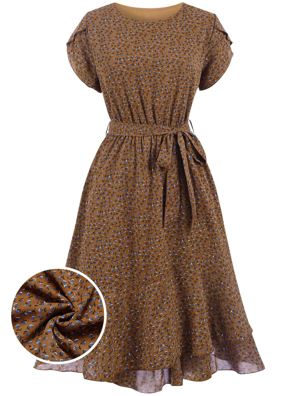 Sale Retro Stage 1940s Ditsy Floral Ruffles Hem Belted Dress