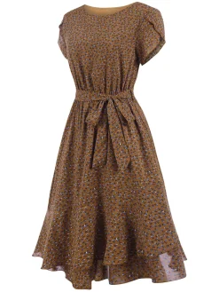 Sale Retro Stage 1940s Ditsy Floral Ruffles Hem Belted Dress