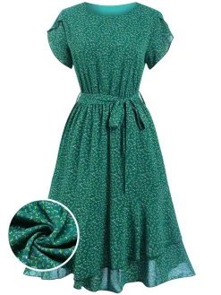 Sale Retro Stage 1940s Ditsy Floral Ruffles Hem Belted Dress