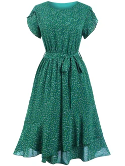 Sale Retro Stage 1940s Ditsy Floral Ruffles Hem Belted Dress