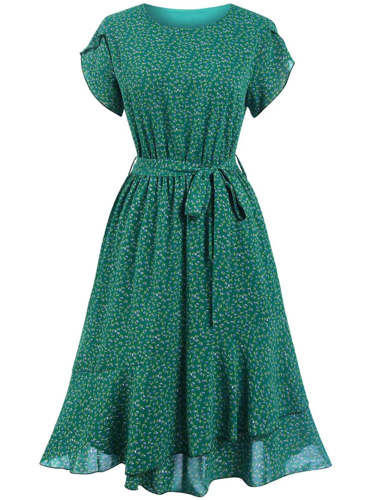 Sale Retro Stage 1940s Ditsy Floral Ruffles Hem Belted Dress