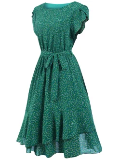 Sale Retro Stage 1940s Ditsy Floral Ruffles Hem Belted Dress