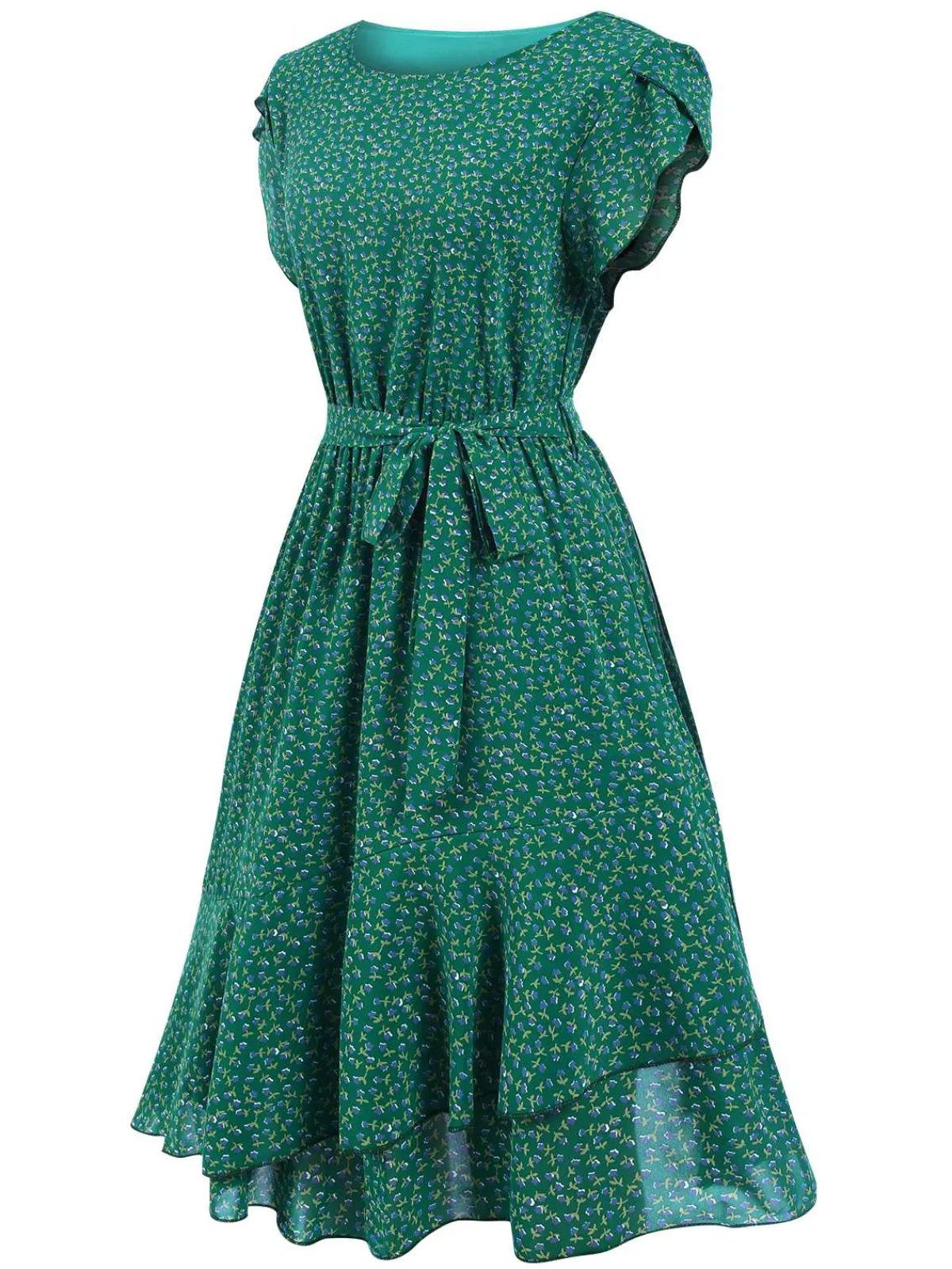 Sale Retro Stage 1940s Ditsy Floral Ruffles Hem Belted Dress