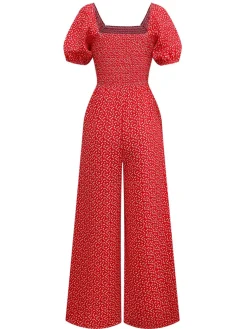 Online Retro Stage 1950s Ditsy Floral Square Neck Puff Jumpsuit