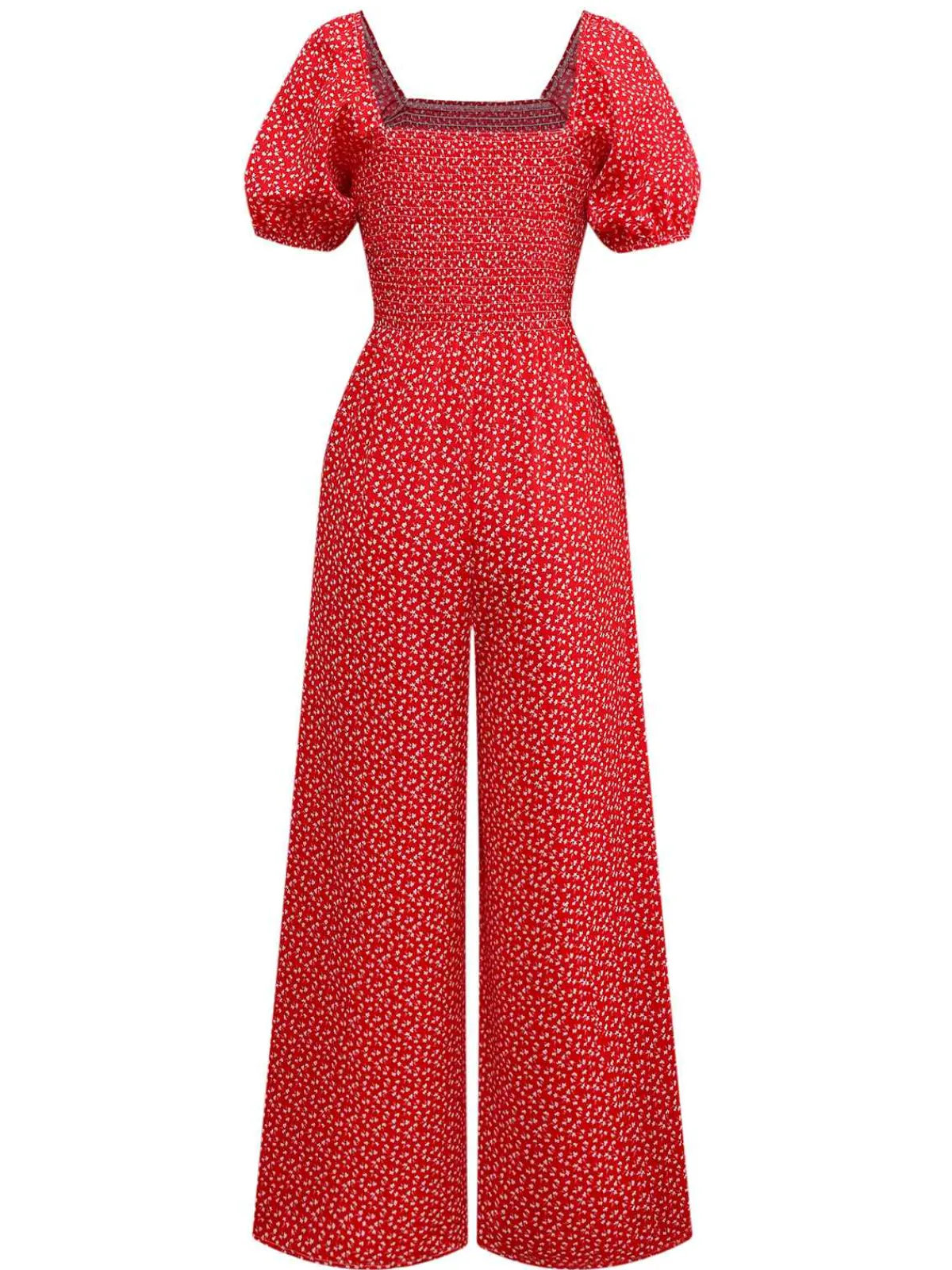 Online Retro Stage 1950s Ditsy Floral Square Neck Puff Jumpsuit