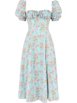 Outlet Retro Stage 1940s Ditsy Floral Square Neck Slit Dress
