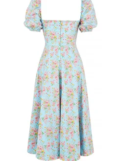 Outlet Retro Stage 1940s Ditsy Floral Square Neck Slit Dress